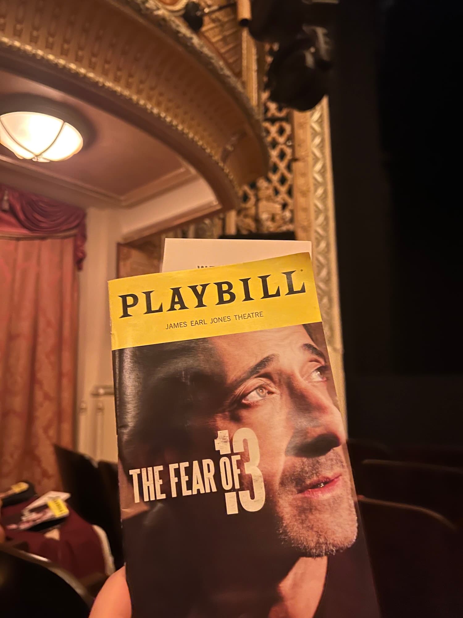 Ein Playbill-Heft für das Theaterstück The Fear of 13 wird in einem opulent verzierten Theatersaal gehalten. Auf dem Cover ist das Gesicht eines Mannes zu sehen, der nach oben blickt. Im Hintergrund erkennt man rote Vorhänge, Sitzreihen und dekorative goldene Verzierungen des Innenraums.